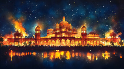 Fototapeta premium a captivating watercolor poster illustration of the mysore dasara celebration featuring a beautifully lit palace at night surrounded by vibrant festivities and a starry sky