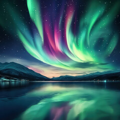 a dreamy aurora borealis, the swirling bands of vibrant colors illuminated by a starlit sky. The aurora reflects on a pristine lake, creating an enchanting spectacle.