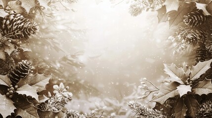 A serene winter scene with pinecones and holly leaves.