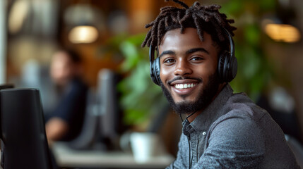 Fototapeta premium Smiling person wearing headphones, sitting at a desk with computers in a vibrant office setting. Concept of modern work environment and technology.