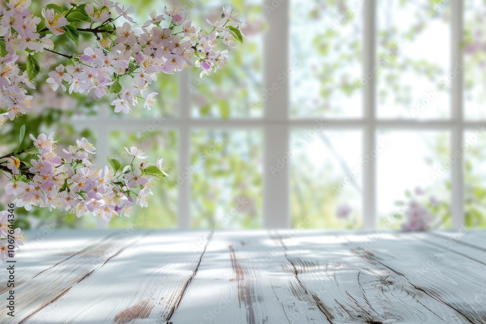 Wall mural spring themed product display with white window and flowers.