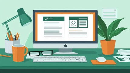 Admin Efficiently Manages Tasks Using Computer at a Stylish Workspace with Plants and Office Supplies