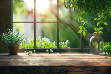 Fototapeta premium Spring themed table background for product decoration with green plant.