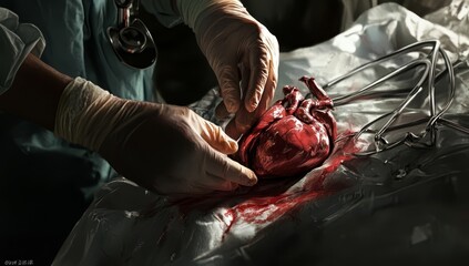 Close-up of a heart taken by a surgeon practicing heart valve replacement surgery. Healthcare and medical concept