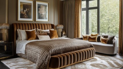 Obraz premium Luxurious Modern Bedroom with Plush Bed and Gold Accents