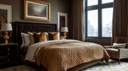 Naklejka premium Luxurious Bedroom with City View and Gold Accents