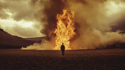 Naklejka premium Desolate Landscape, Raging Fire, Man, Surreal Atmosphere, Cinematic Photography