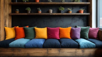 Loft-style living room with rustic sofa, colorful pillows, black wall, and wooden shelf, blending warmth and style.