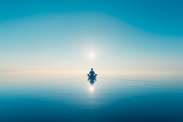 Person practicing yoga on a paddleboard in the middle of a calm lake, with focus and concentration as they find balance on the water