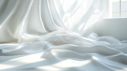 Fototapeta premium White bed linens with sunlight through window.