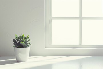 Fototapeta premium White desk with free space for decoration and small plant.