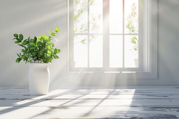 Fototapeta premium White desk with free space for decoration and small plant.