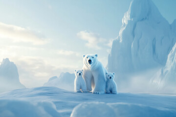 Polar bear and her cubs playing on a vast expanse of ice in the Arctic, with frolicking antics and fluffy fur keeping them warm in the frigid temperatures