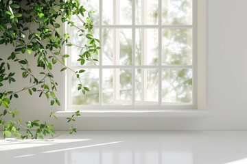 White table with spring window and green plant decoration.