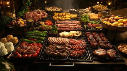 Gourmet Grilled Meats and Vegetables Feast: Dark Moody BBQ Background
