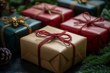 Collection of gift boxes with red and green wrapping.