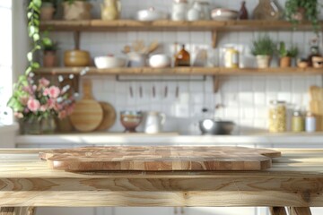 Wooden stand on table in kitchen interior and free space