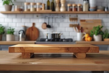Wooden stand on table in kitchen interior and free space