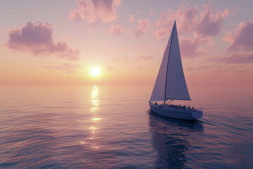 Fototapeta premium Sailboat drifting lazily on the horizon at sunset, with billowing sails and the warm glow of twilight reflecting off the calm waters, as passengers relax on deck and watch the sky transform 