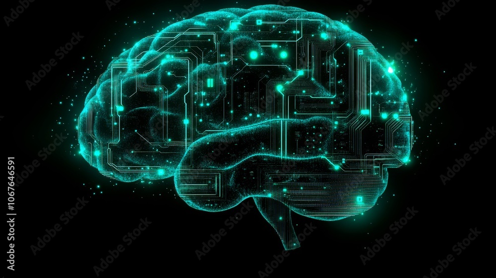 Poster digital silhouette of a brain constructed from circuit patterns glowing against a dark background