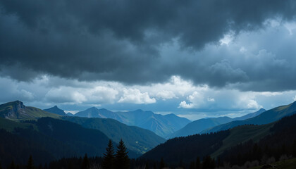 Obraz premium Dramatic mountain landscape under a cloudy sky showcasing deep valleys and peaks 