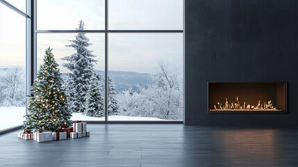 Naklejka premium modern minimal home interior at christmas with snow outside of large windows and cool fireplace