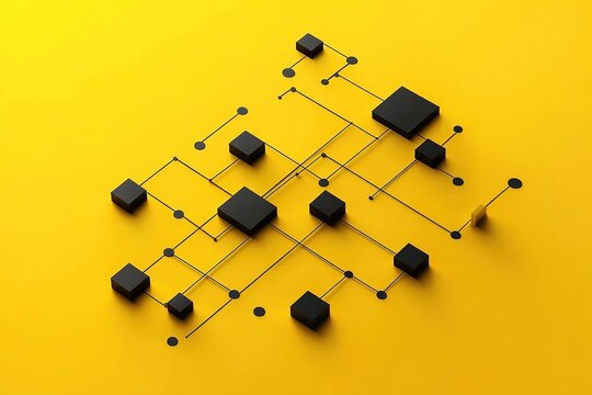 Business process and workflow automation with flowchart. Wooden cube block arranging processing management on yellow background. 3d render illustration