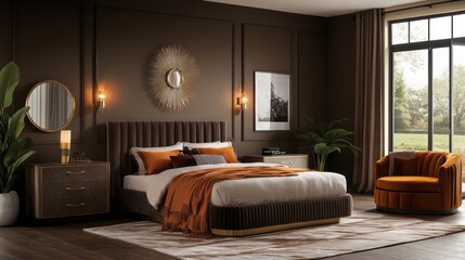 A Modern Luxurious Bedroom with a Plush Bed and an Orange Accent Chair