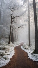 Obraz premium Serene winter path winding through a foggy forest with snow-covered ground and trees