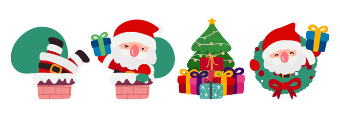 Santa Claus Set with Chimney, Gift Boxes, Christmas Tree, and Wreath. Doodle Style Vector Illustration