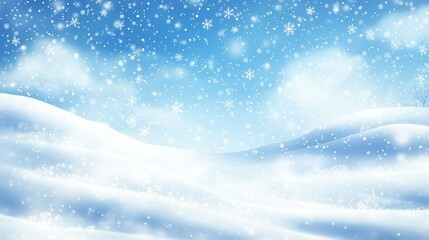 Naklejka premium A serene winter landscape with falling snowflakes and rolling hills under a clear blue sky during a bright day