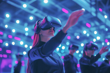 Virtual reality gaming arena, with players donning VR headsets and motion controllers as they immerse themselves in immersive digital worlds and compete in adrenaline-pumping multiplayer battles