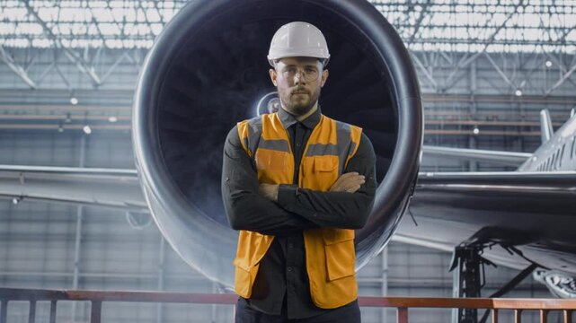 Aircraft Engineer Standing In Jet Engine Industrial Aviation Maintenance Worker Safety Professional
