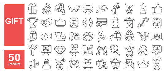 Set of 50 line icons related to gift, award, surprise, birthday, bonus, package, discount, box, bow, present, Editable stroke. Vector illustration