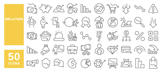 Set of 50 line icons related to inflation, money, decrease, value, prices, income, reduction, profit, crisis, Editable stroke. Vector illustration