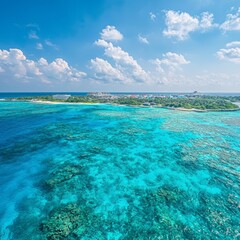 Aerial view of a tropical coastline with clear blue waters and coral reefs.