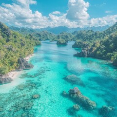 A stunning aerial view of a tropical lagoon with clear turquoise waters.