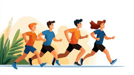 Illustration of a group of individuals jogging together, symbolizing a commitment to fitness and a healthy lifestyle. The animation captures movement and enthusiasm.