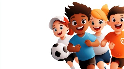 A delightful cartoon scene of kids running joyfully together, with a focus on a soccer ball, illustrating themes of play, teamwork, and the joy of childhood.