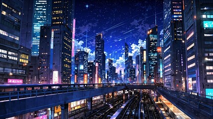 Obraz premium Vibrant futuristic cityscape at night with illuminated skyscrapers and starry sky 