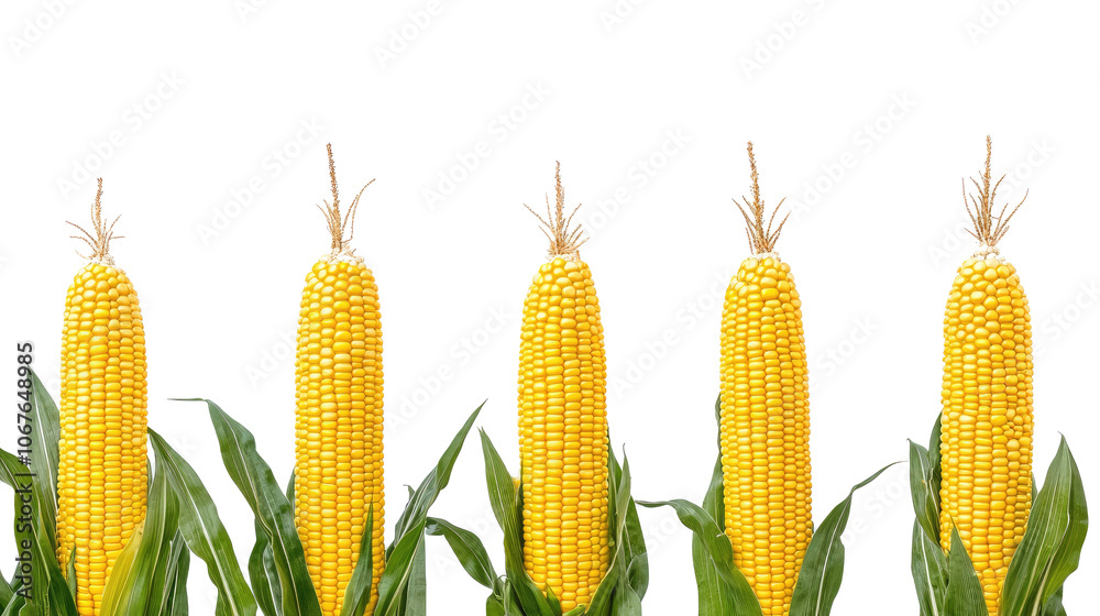 Poster fresh corn on the cob arranged in a line on a transparent background generative ai