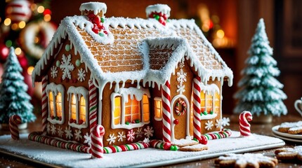 A joyously adorned gingerbread house gleaming with sugary icing and delicate snowflake decorations.
