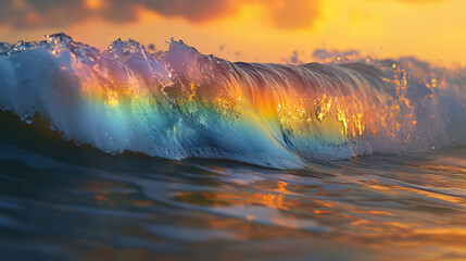 Fototapeta premium Rainbow Ocean Wave Sunset: Coastal Serenity, Vivid Colors, Water Photography