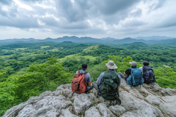 Fototapeta premium Backpackers taking a break on a rocky outcrop, with breathtaking views of the valley below and the sound of wind rustling through the trees.