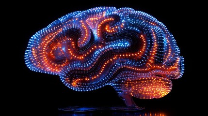 Vibrant silhouette of a brain filled with colorful LED lights against a dark background