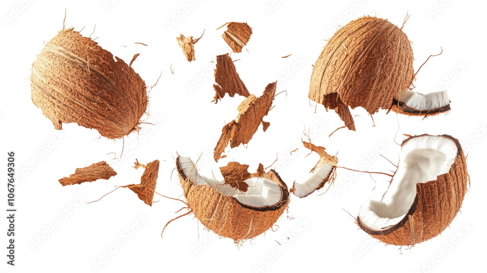Poster coconuts crashing and splintering into pieces on a clear background generative ai