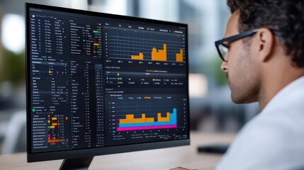 Man analyzing financial data on a computer screen with various graphs and charts. Business analytics and stock market concept