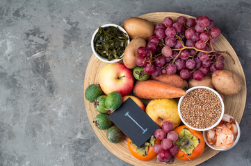 Example of a range of food products containing iodine, I. The concept of a proper balanced diet. On a dark background, top view, horizontal.