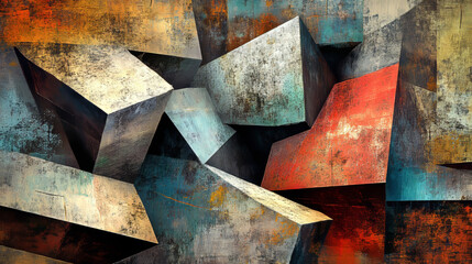 Cubist Abstract Painting: Geometric Forms, Textured Surface, Bold Colors