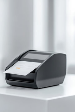 Credit card reader on a simple countertop printing a receipt. Cashless payment terminal for purchases and services